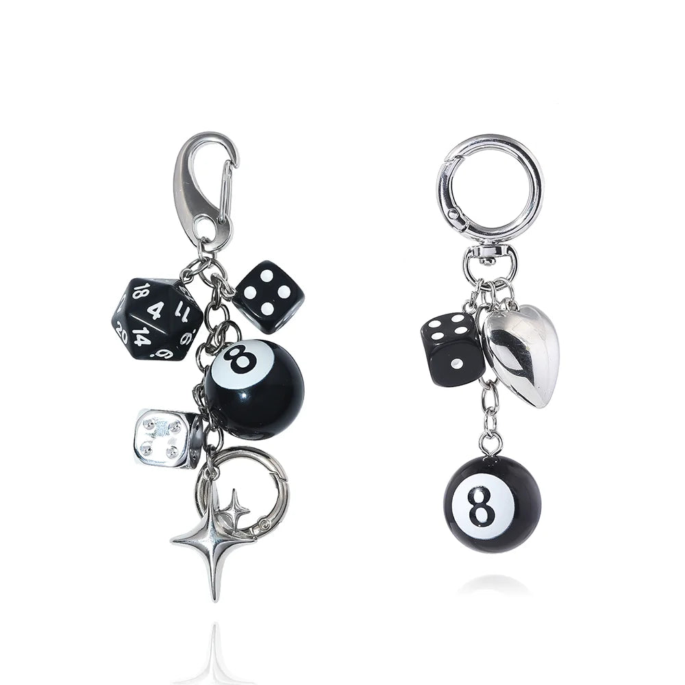 Black Dice Billiards Keychain Hiphop Lucky Dice Pendant Bag Charm Punk Jewelry Accessories