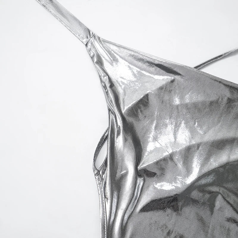 Metallic V Neck Backless Pleated Mini Dress For Women