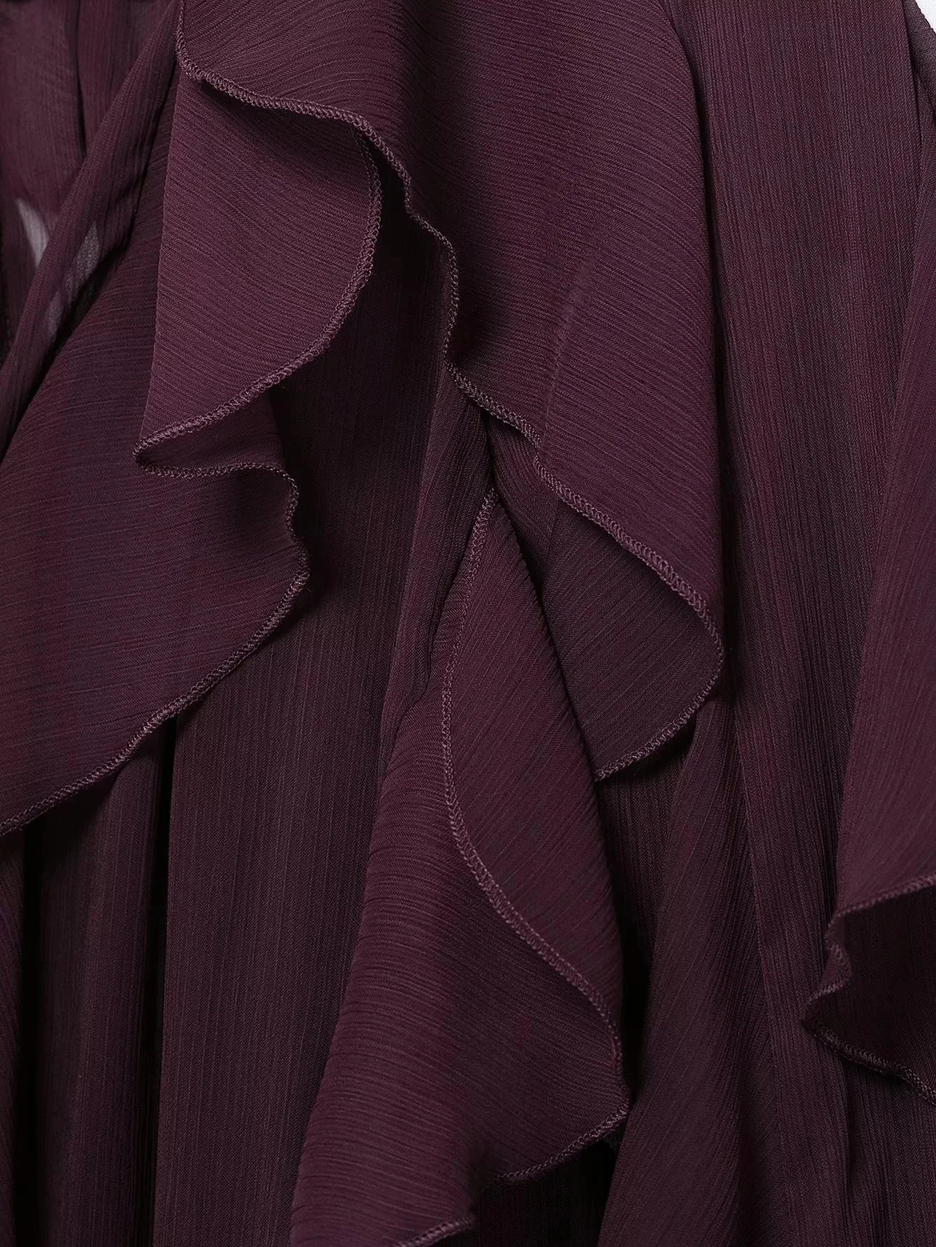 Burgundy Mesh Ruffle Blouse for Women Long Sleeve Sheer Loose Fit Elegant Party Top