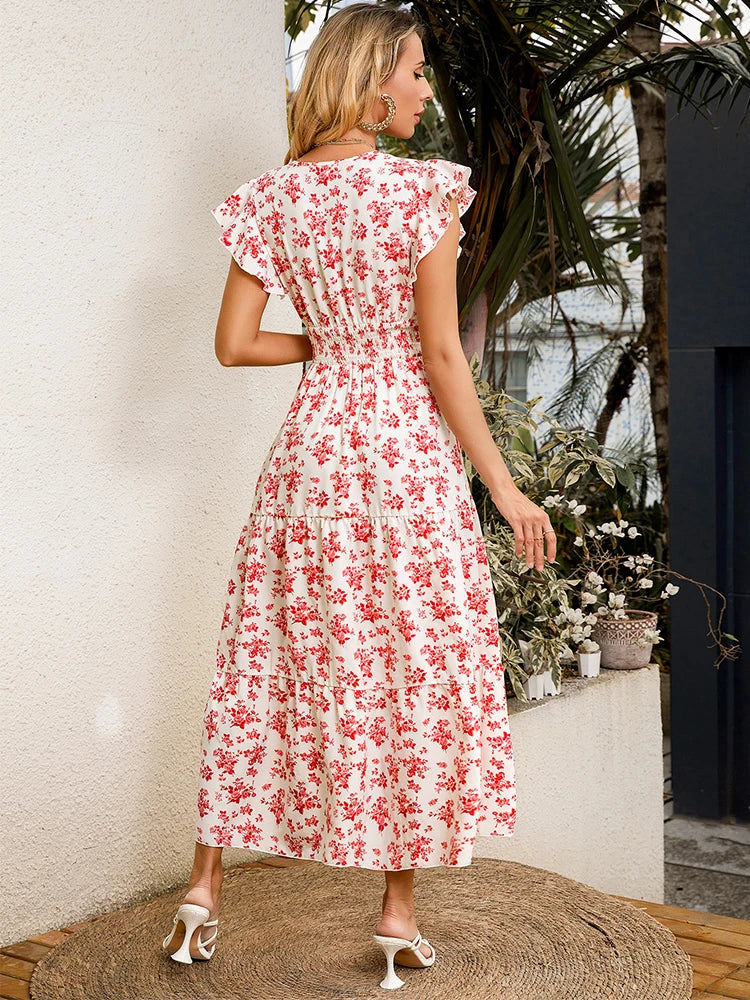Casual Floral Maxi Dress With Flounce Sleeves V Neck