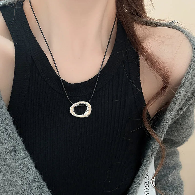 Punk Large U-Shape Geometric Pendant Necklace for Men and Women Adjustable Leather Rope Sweater Chain Jewelry