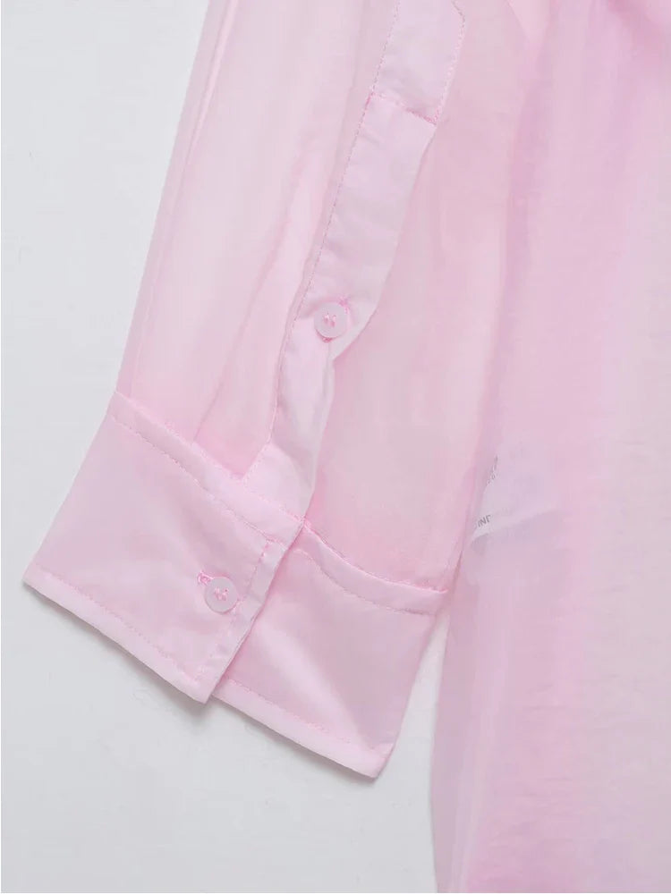 Women's Patchwork Translucent Blouse with Lace-Up Detail Casual Lapel Single-Breasted Long Loose Top for Spring and Summer