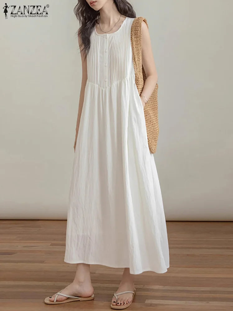 Sleeveless Pleated Long Sundress For Summer Beach Casual