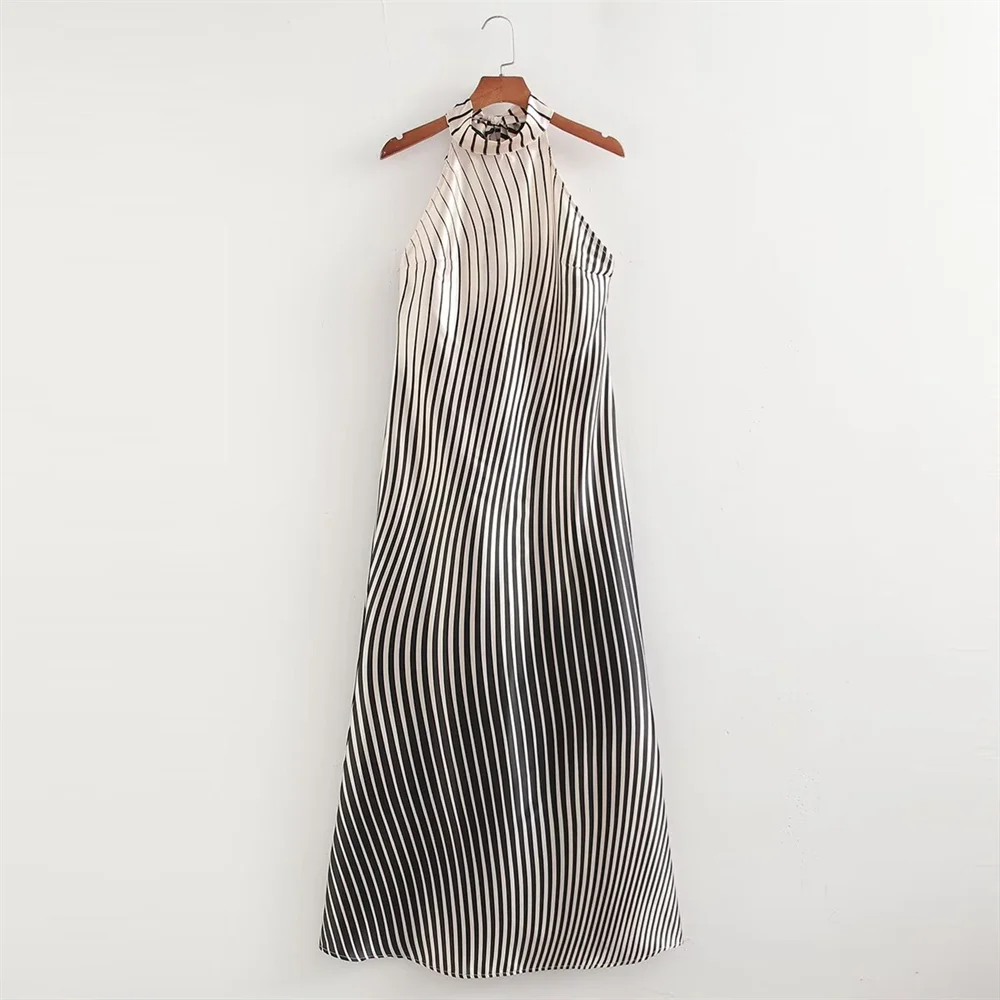 Women Gradient Stripe Dress Hanging Neck Slim Fit Summer