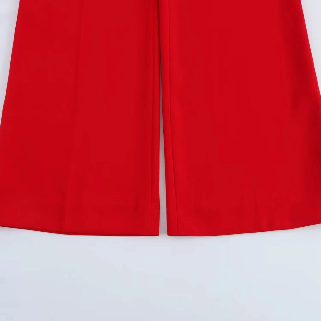 Red Vest Blazer Set For Office Lady With Wide Leg Pants