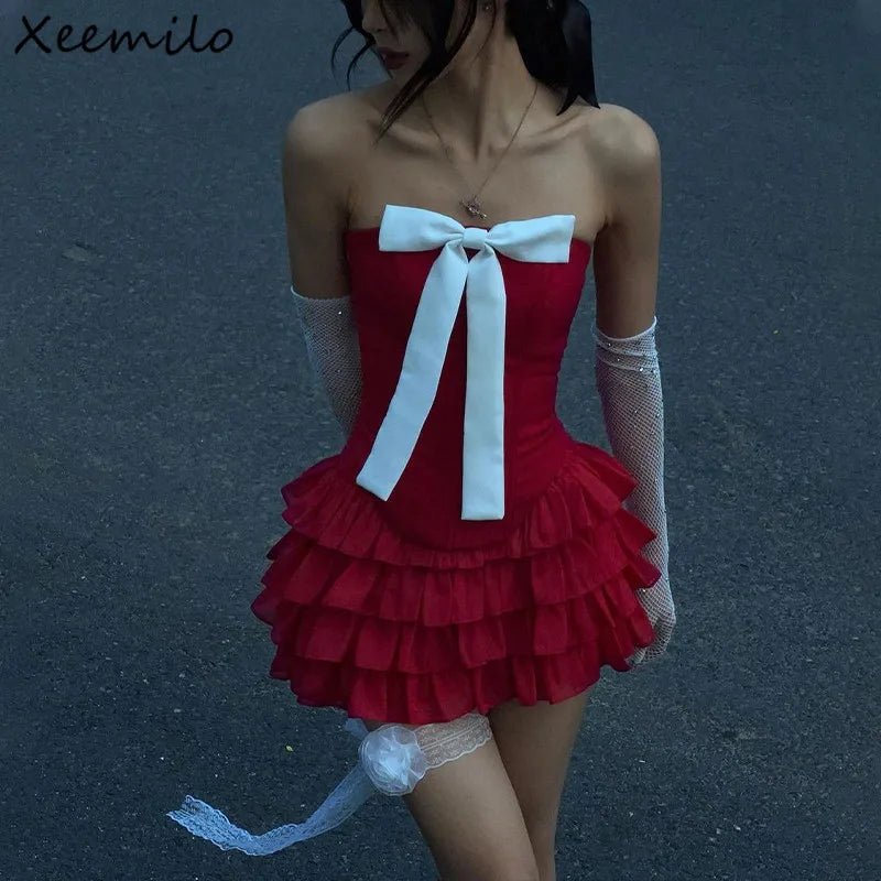 Y2K Bow Applique Mesh Pleated Mini Dress Strapless Backless