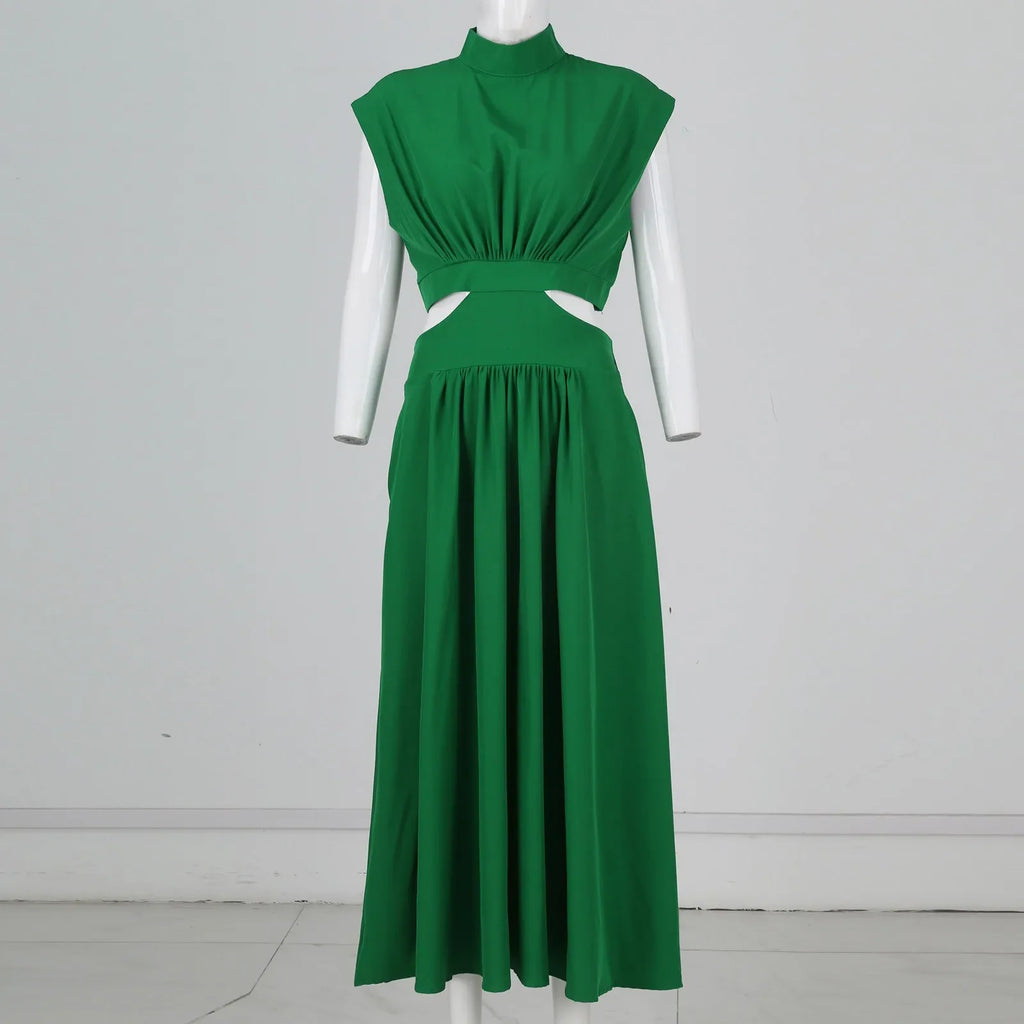 Solid Color High Waist Maxi Dress Sleeveless With Pockets