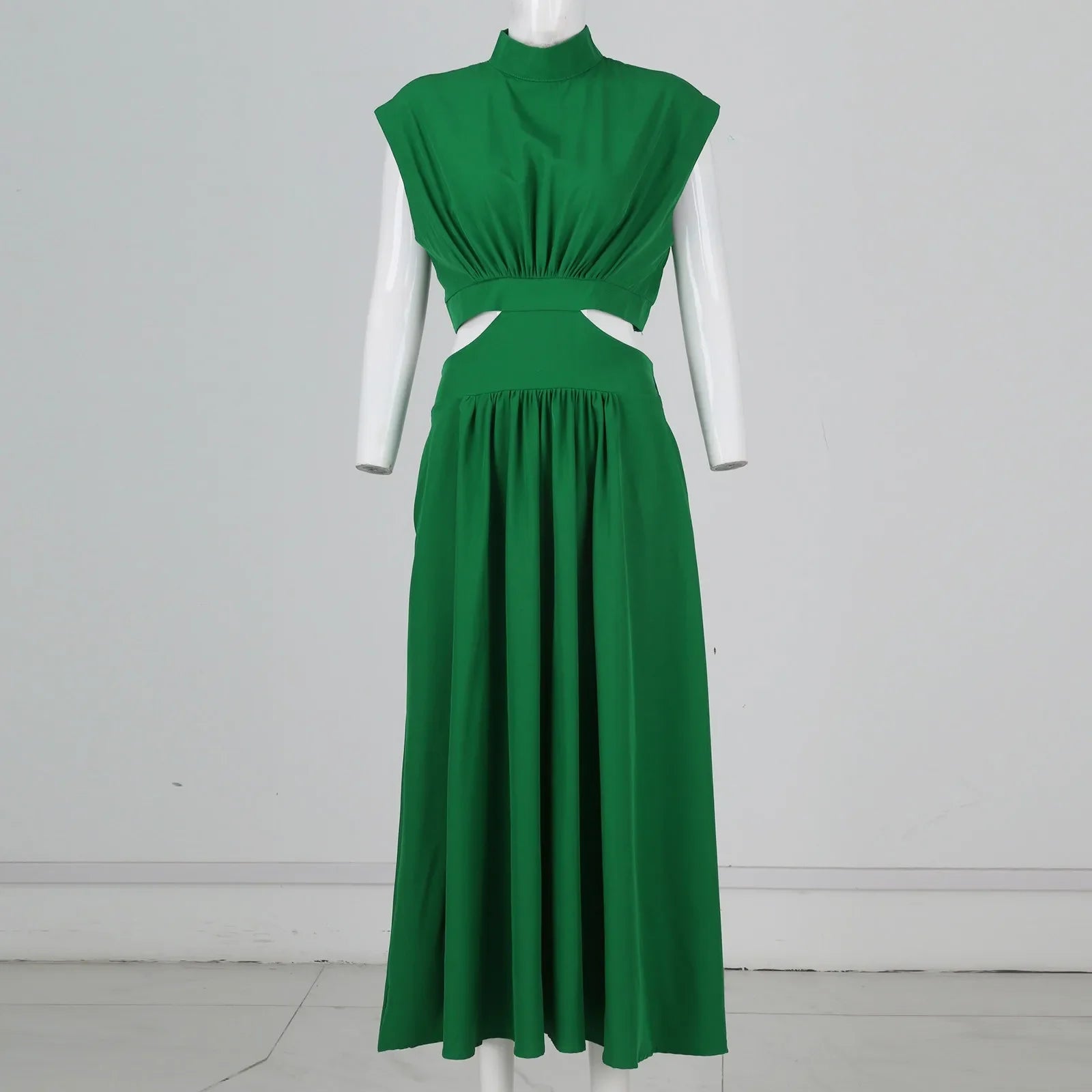 Solid Color High Waist Maxi Dress Sleeveless With Pockets