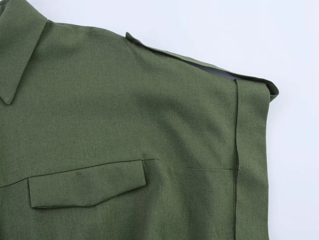 Women's Blended Lace-Up Lapel Shirt Short-Sleeve Single-Breasted Waist Pocket Casual Chic Top for Spring and Summer