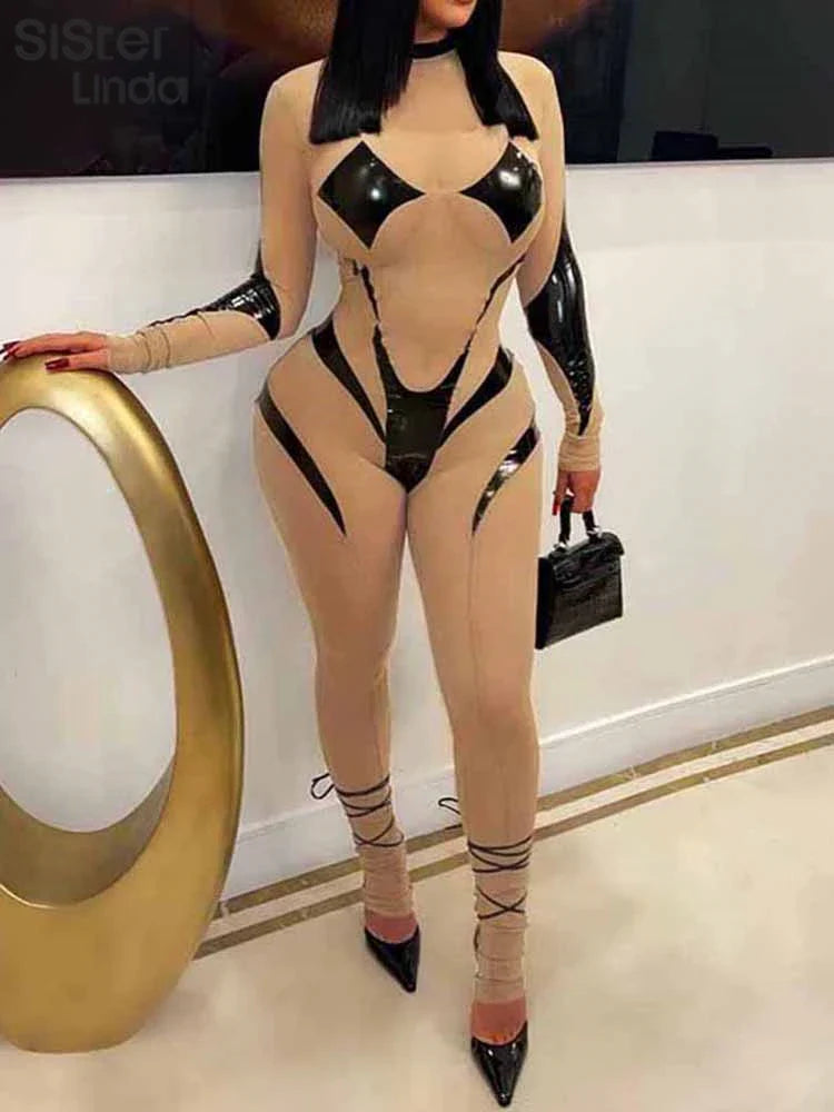 Sexy Mesh Patchwork Long Sleeve Skinny See-Through Zip One-Piece Jumpsuit for Women Party Clubwear