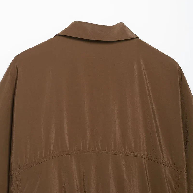 Chic Women's Brown Two Piece Set with Single Breasted Shirt and Vintage Elastic Waist Trousers