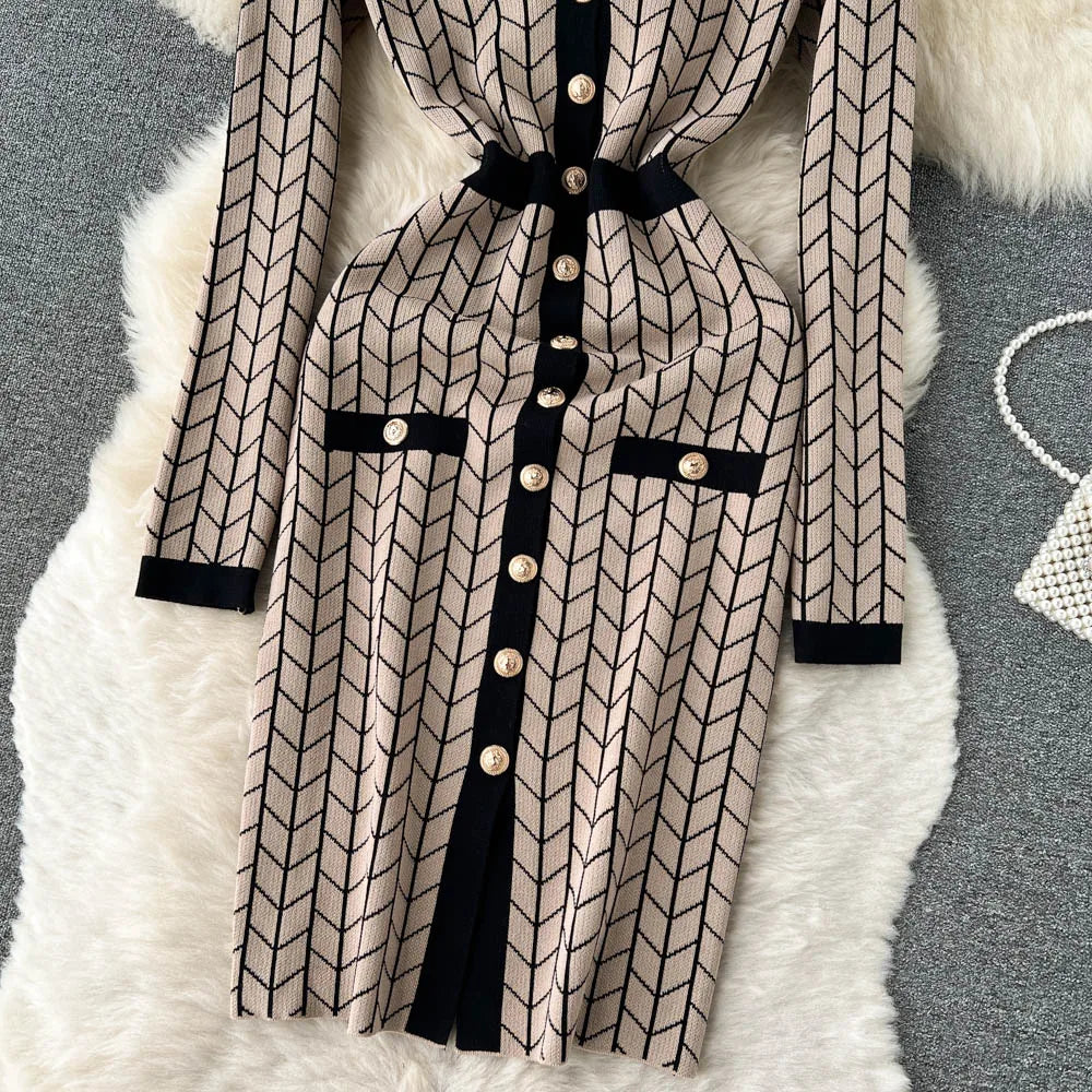 Autumn Plaid Knit Dress Women V Neck Elastic Waist Midi