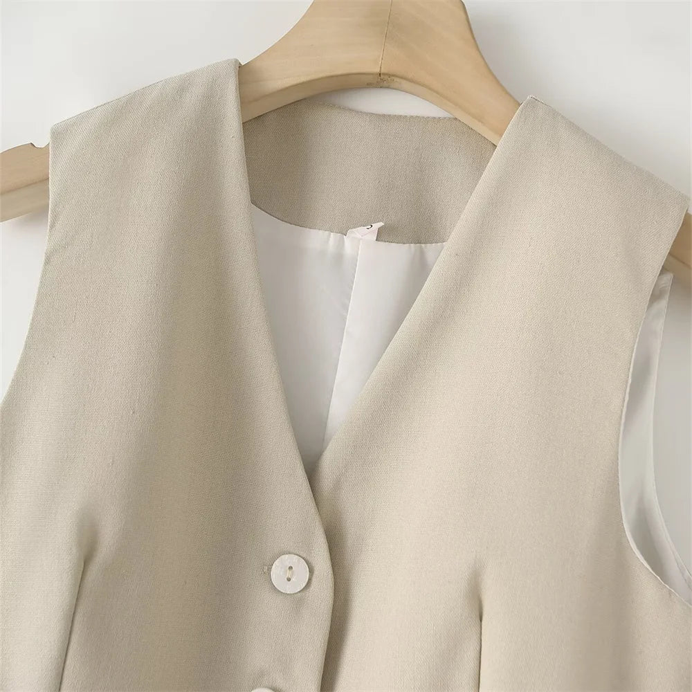 Versatile Slim Sleeveless Cotton Linen Vest and Mid-Waist Trousers Suit for Women's Commuting Style