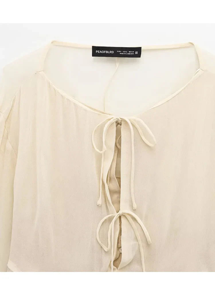 Women's Summer Chiffon Blouse with O-Neck Drawstring Bow Elegant Lightweight Thin Top