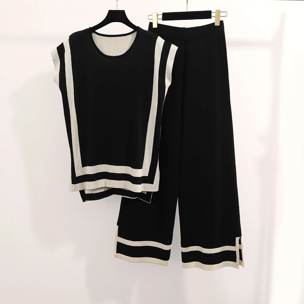 Women Casual Striped Sweater Pant Set Autumn Winter Knitted Short Sleeve Tops and Elastic Sweater Pants