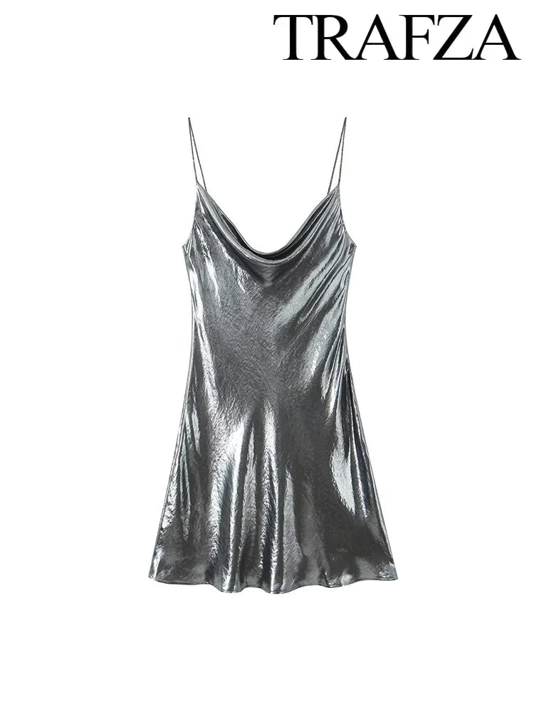 Metallic Glitter Backless Spaghetti Strap Dress For Party