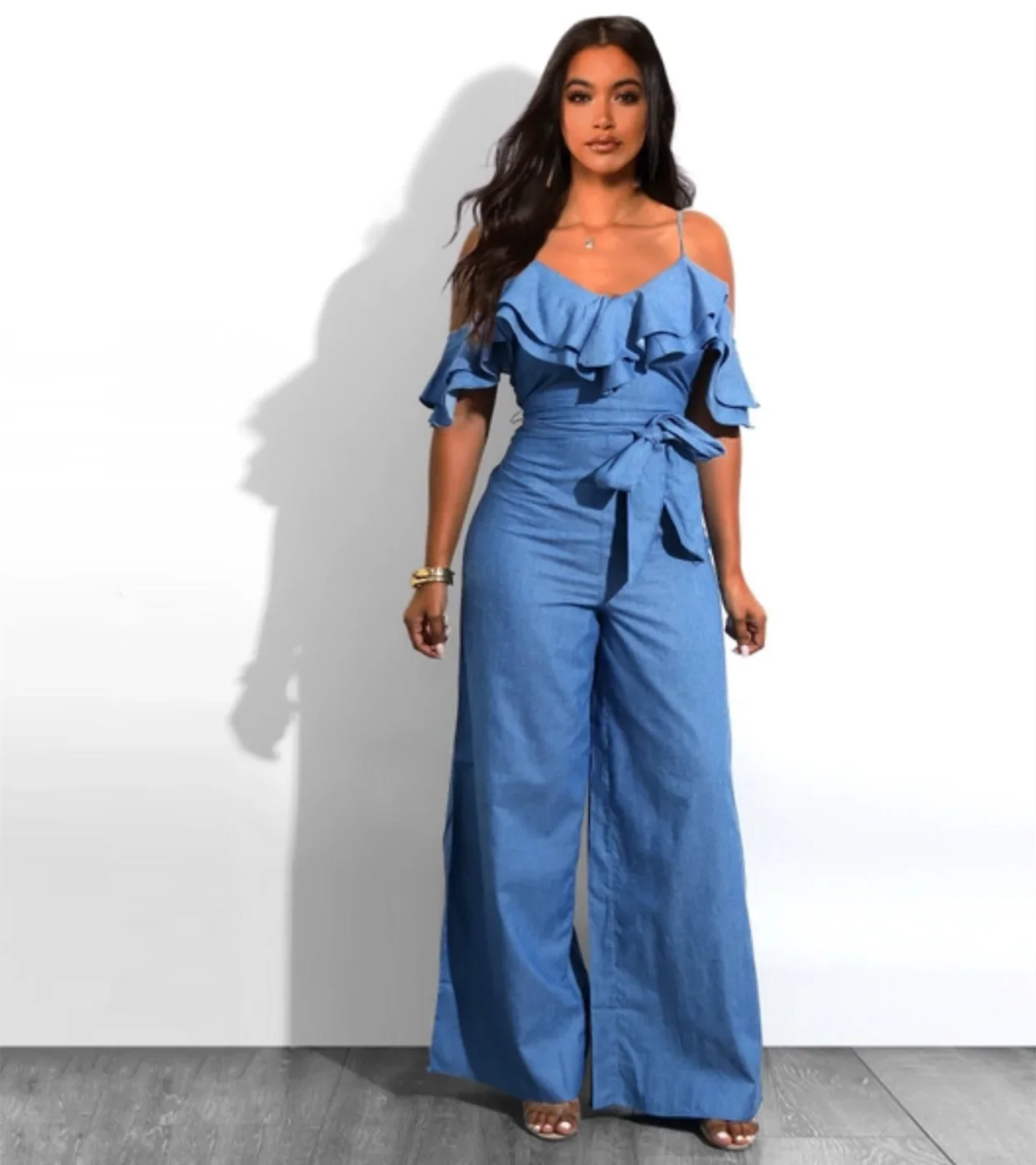 Womens Sexy Denim Jumpsuit with Ruffled Straps and Belt Loose Fit Long Pants Summer Casual Romper Outfit