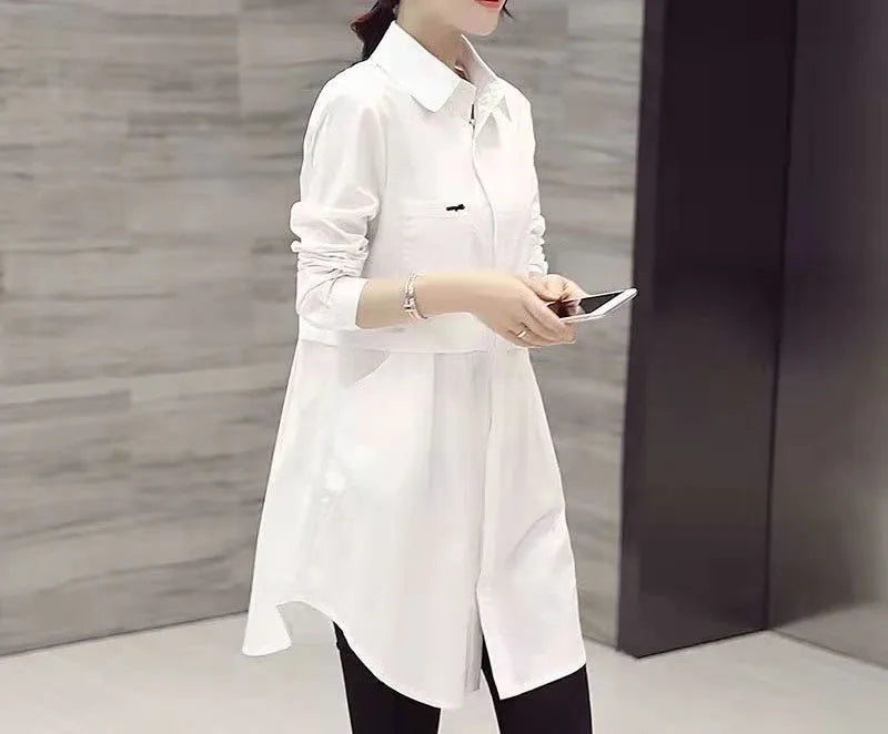 Mid-Length White Polo-Neck Shirt for Women Lightweight Stylish Spring Summer Blouse Elegant Korean-Inspired Fashion