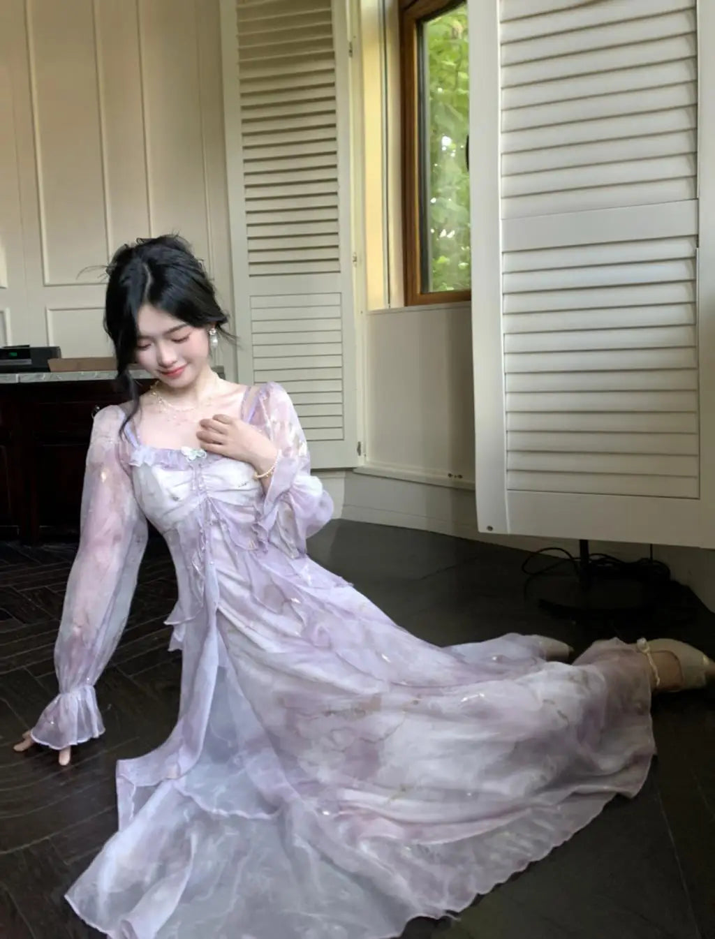 Off Shoulder Dress Ruffle A Line Long French Print