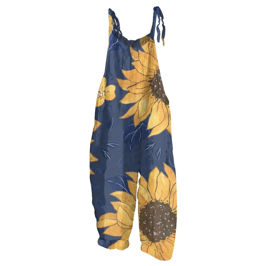 Sunflower Print Slim Fit Cotton Linen Overalls Women Casual Loose Jumpsuit Stylish Romper with Adjustable Shoulder Straps Comfortable Everyday Wear