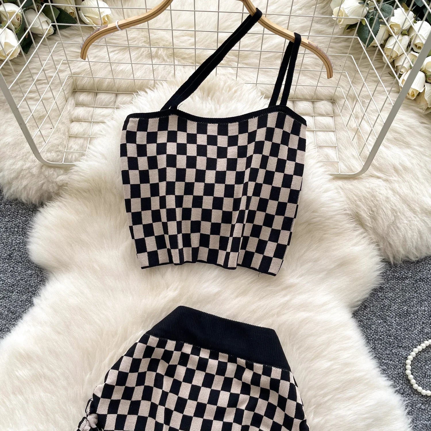 Women's Plaid Strapless Mini Top and High Waist Bodycon Skirt Set Casual Knitted Two-Piece Outfit