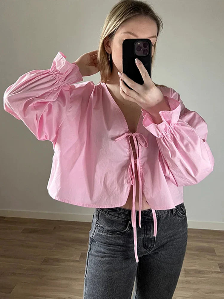 Elegant Solid Lace-Up V-Neck Blouse for Women with Lantern Sleeves and Hollow Out Detail Loose Fit Chic Female Shirt