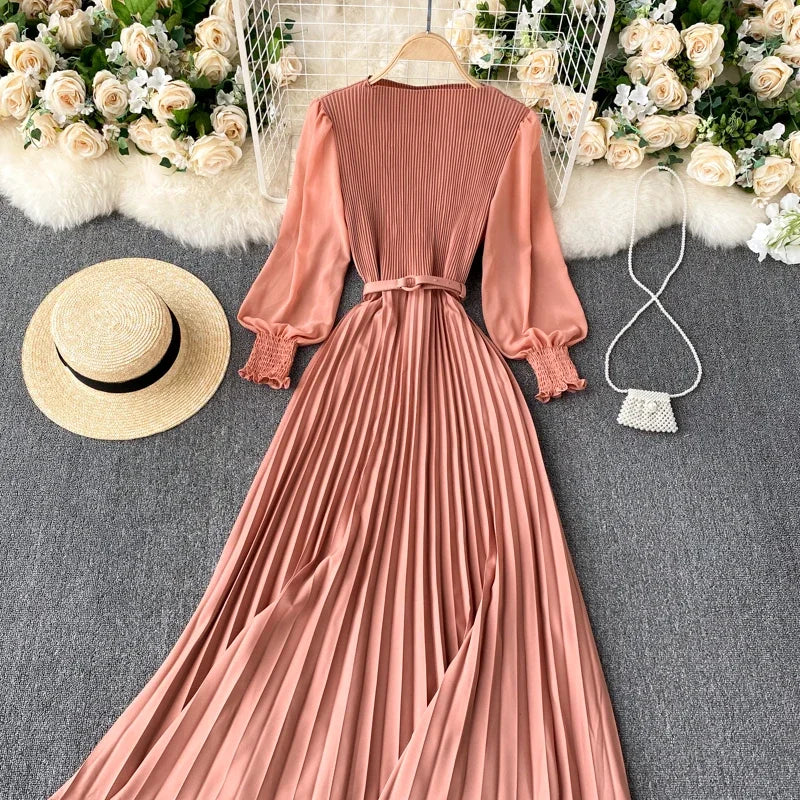 Elegant Long Sleeve Pleated Belted Dress for Women Spring