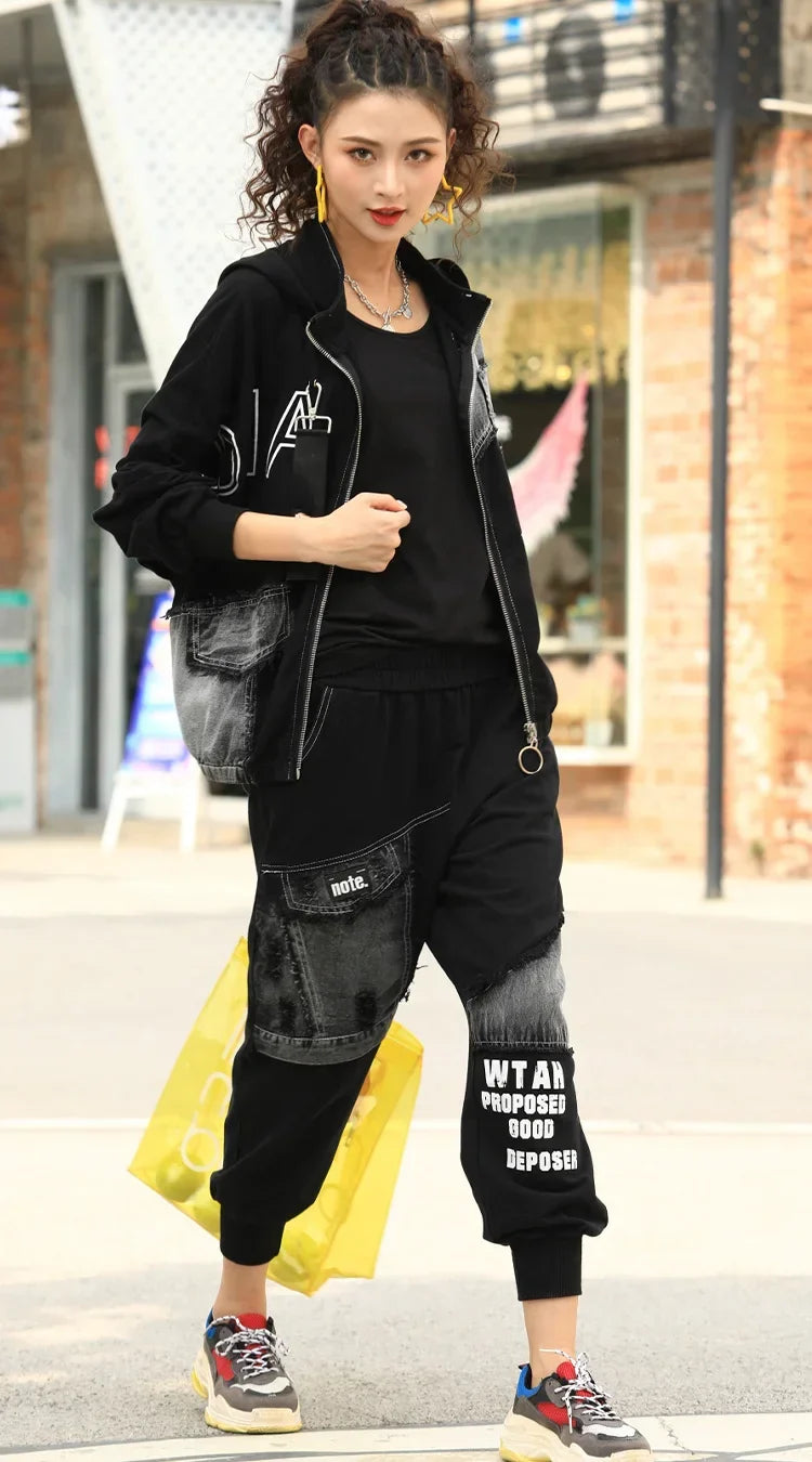 Spring Punk Fashion Women's Two Piece Set with Loose Hooded Jacket and Classic Fitness Pants