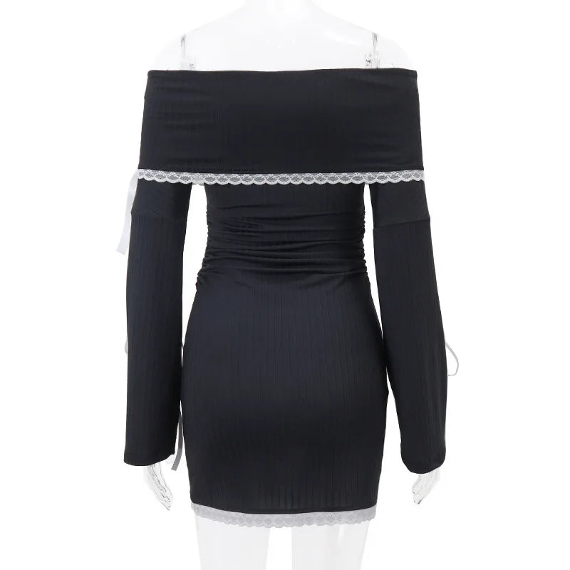 Black Lace Up Long Sleeve Knit Dress For Women Autumn