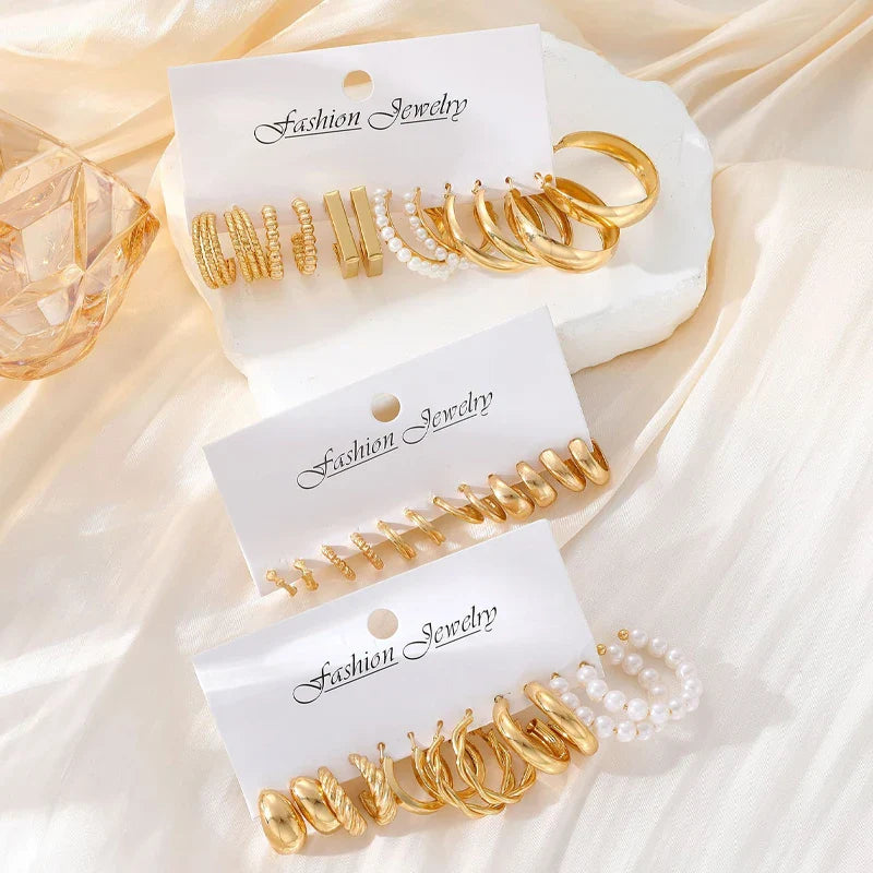 Fashion Geometric Hoop Earrings Set for Women Vintage Bohemian Pearl Gold Color Round Earrings Daily Wear Jewelry Gifts