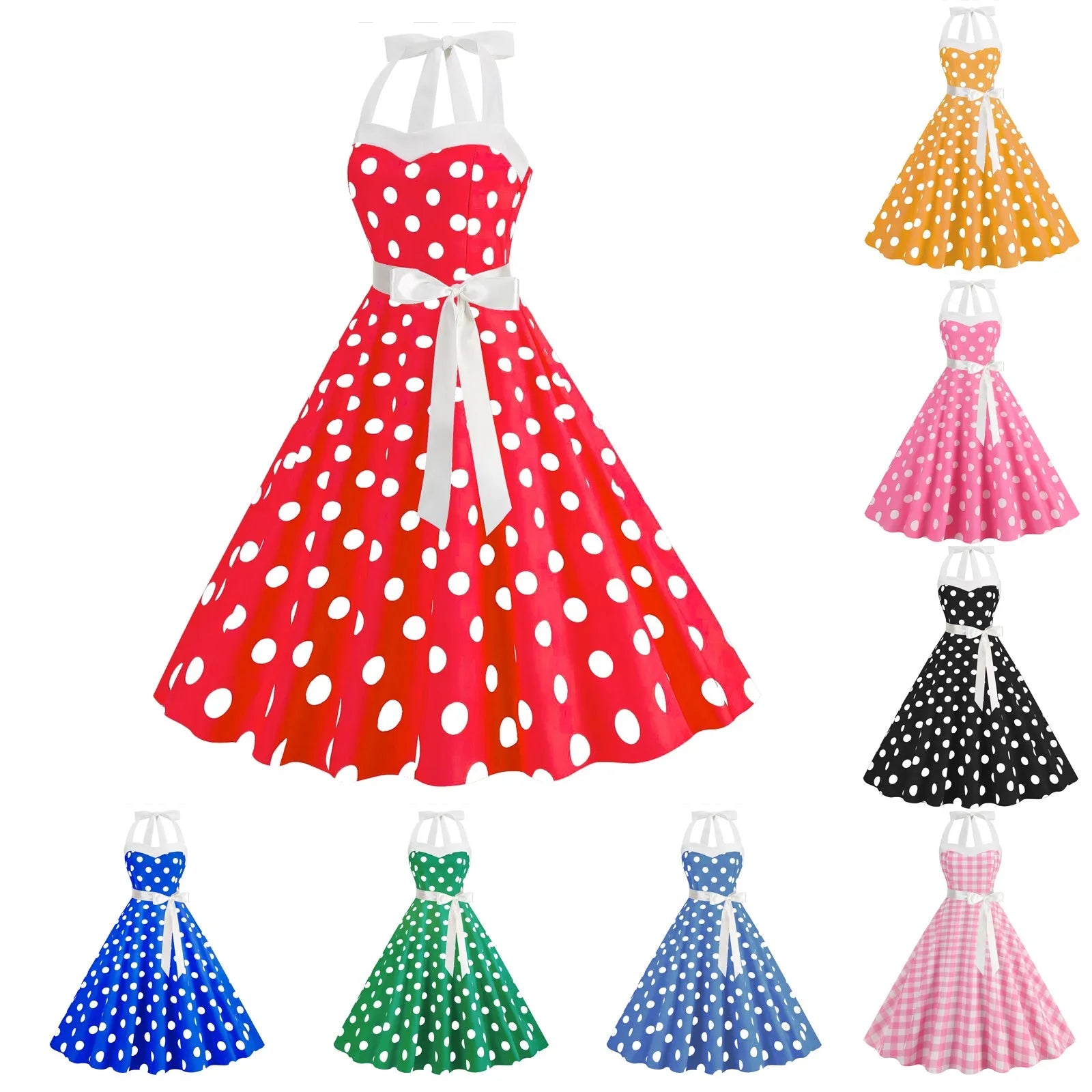 Ladies Vintage Polka Dot Backless Lace Up Swing Dress