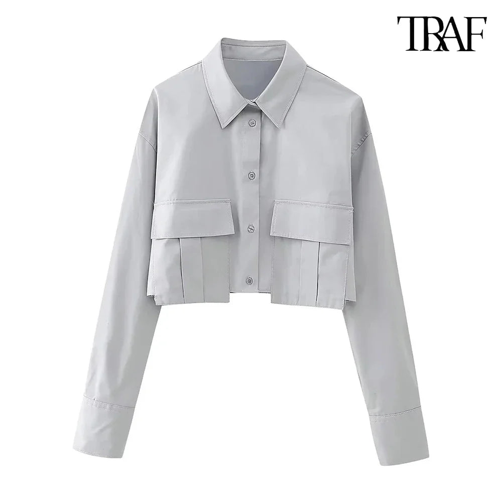 Women's Vintage Lapel Collar Patch Pocket Shirt Long Sleeve Single Breasted Casual Blouse Street Style Top