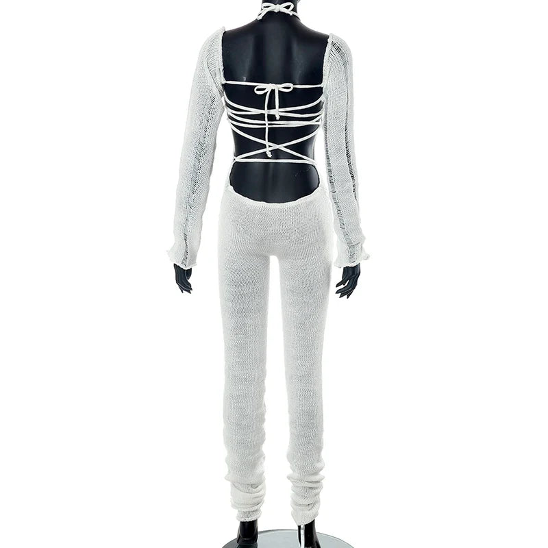 Weird Puss Bandage Knit Halter Jumpsuit with Gloves Women Stretch Sexy Backless Hollow Skinny Street Style Stacked Workout Overalls