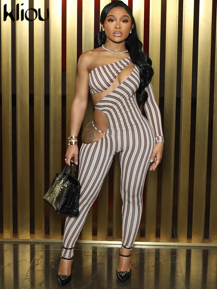 Sexy Striped Printed Women Jumpsuit with Inclined Shoulder Hollow Cleavage Skinny Fit Overalls Stylish Fashion Clubwear