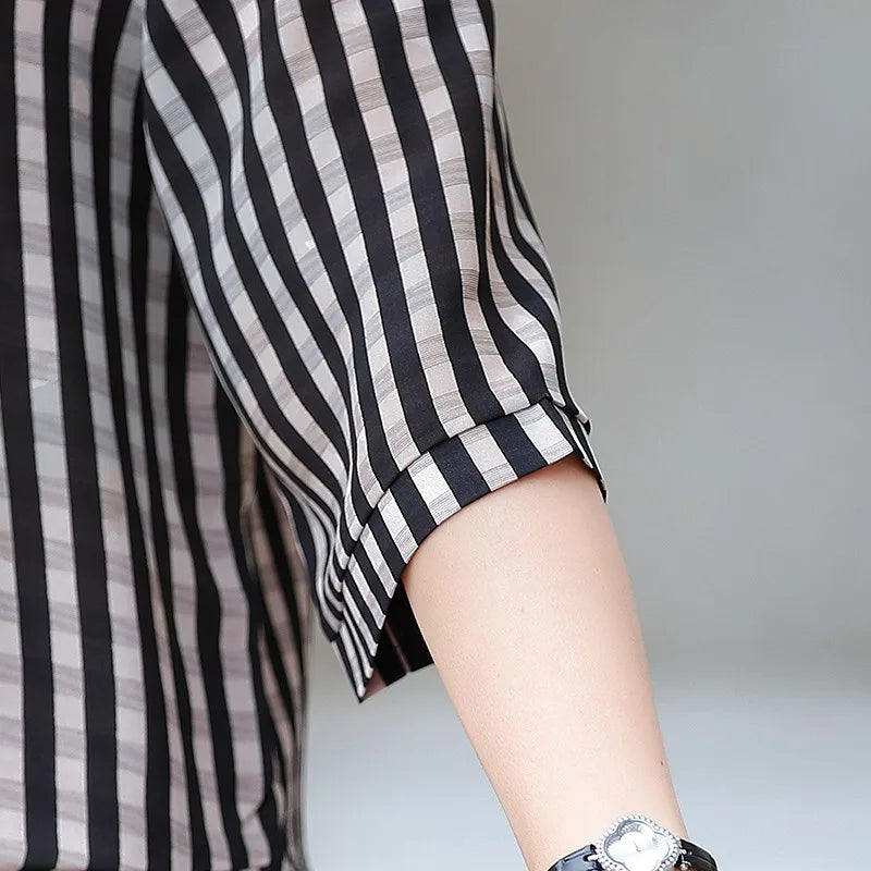 Elegant Plaid Print Loose Fit Button Down Shirt for Women with Turn Down Collar and Casual Half Sleeves Versatile Ladies Blouse Top for Everyday Wear