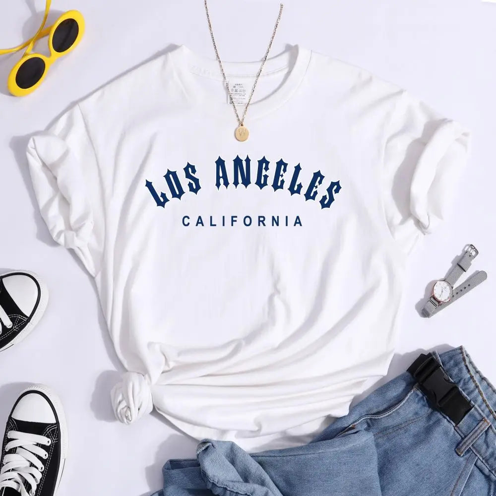 Los Angeles Letter Print Women's Casual T-Shirt Short Sleeve Crewneck Summer Style
