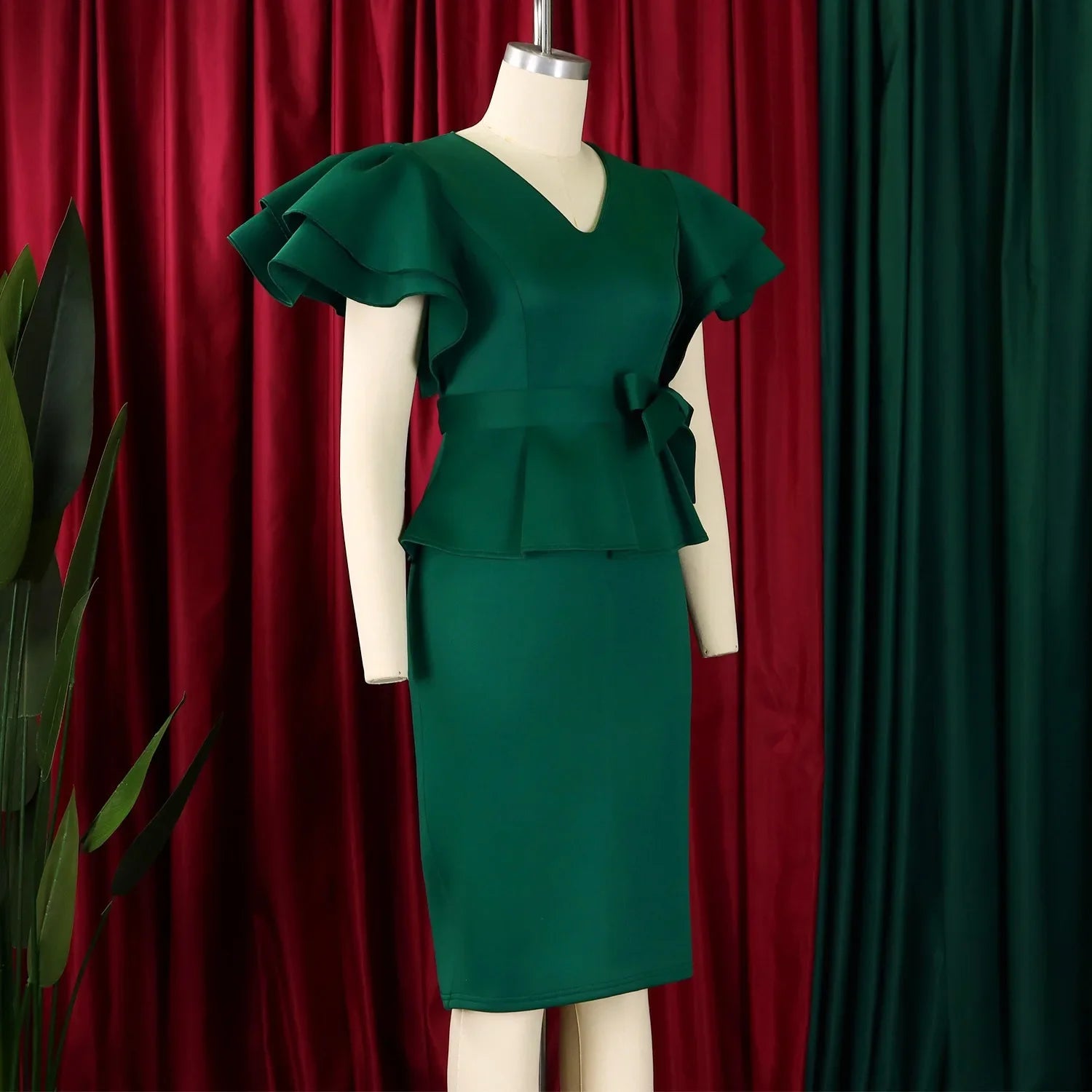 V Neck Bodycon Midi Dress With Ruffle Sleeves For Women