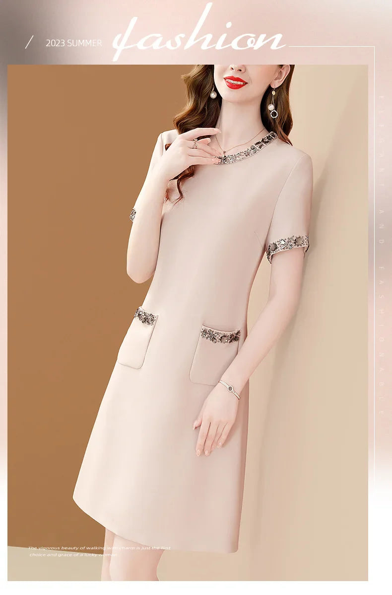 Elegant O Neck Embroidered A Line Dress For Women Office