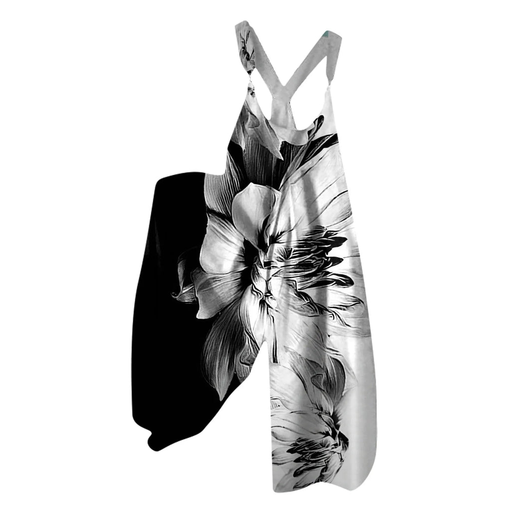 Wide Leg Sleeveless Overalls for Women Casual Loose Fit Jumpsuit with Retro Print Metal Buttons Long Pants Romper with Functional Pockets