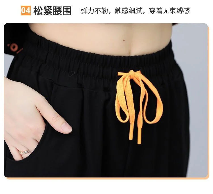 Women's Summer Korean Style Sports Suit Loose Short Sleeve Top and Pencil Pants Two Piece Set