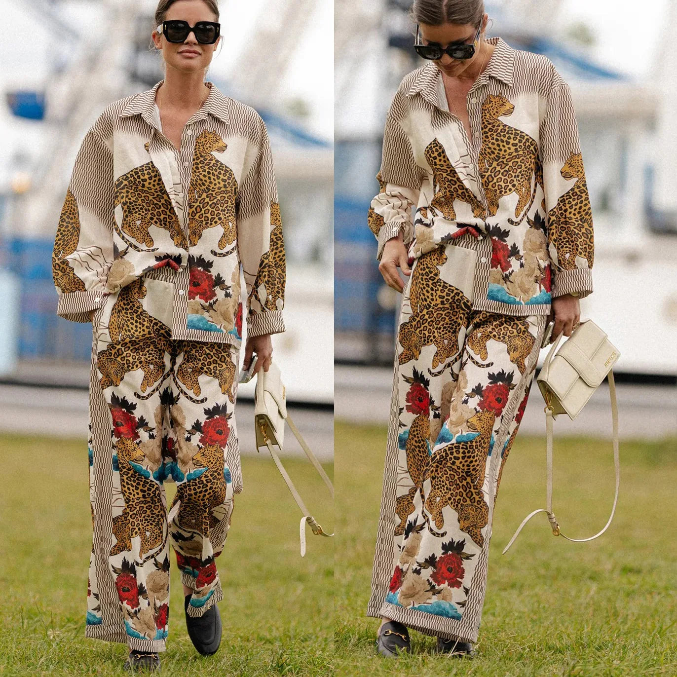 Autumn Women Leopard Print Suit Vintage Single Breasted Wide Leg Pants Set Casual Loose Outfit