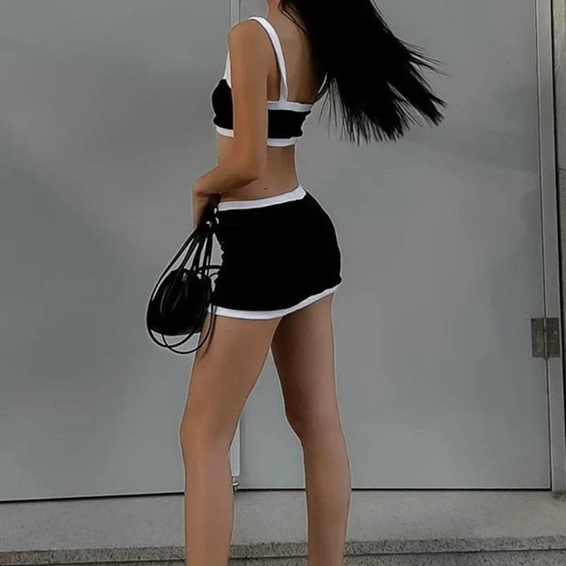 Casual Sporty Women Two Piece Set High Streetwear Patchwork Slip Tank Top with Skinny Elastic Mini Skirt