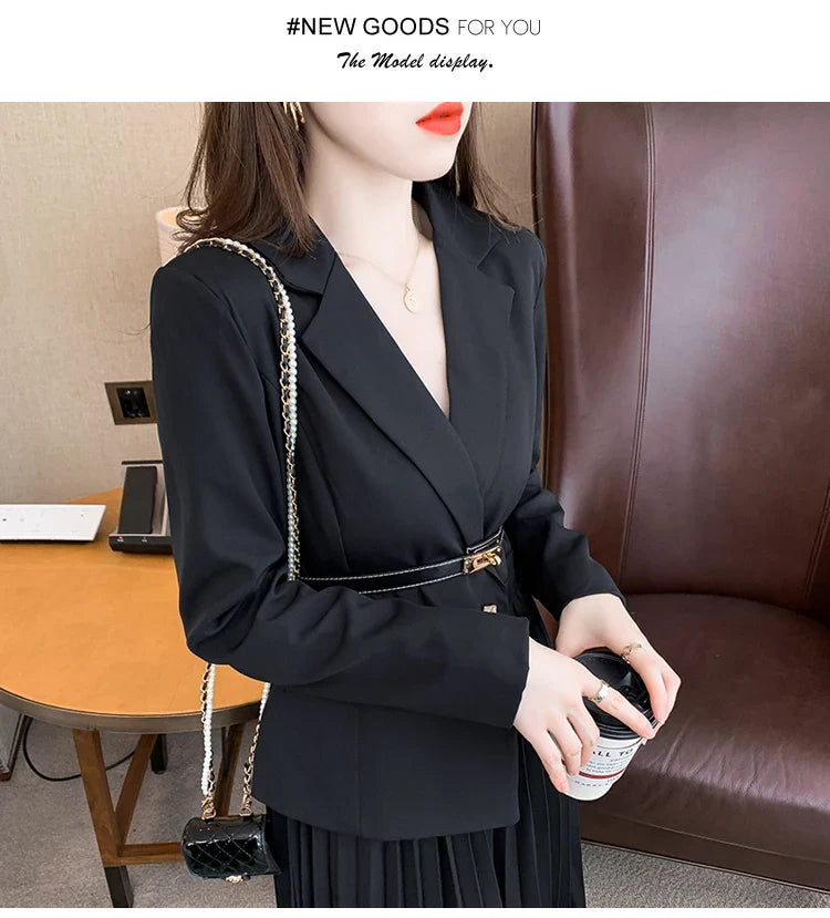 Faux Two Piece Dress With Blazer Collar Pleated Skirt