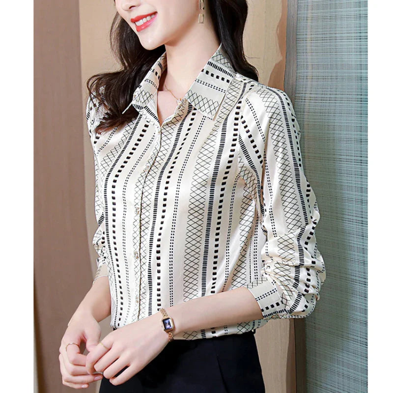 Elegant Satin Women Blouse Long Sleeve Button Up Shirt Vintage Office Lady Print Top