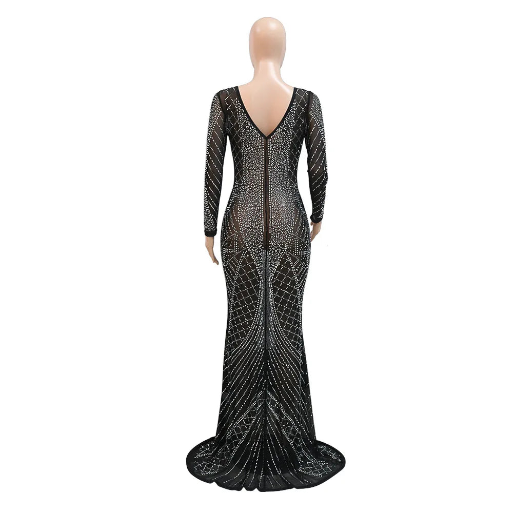 Sexy Mesh Diamond Embellished Maxi Dress for Evening Party