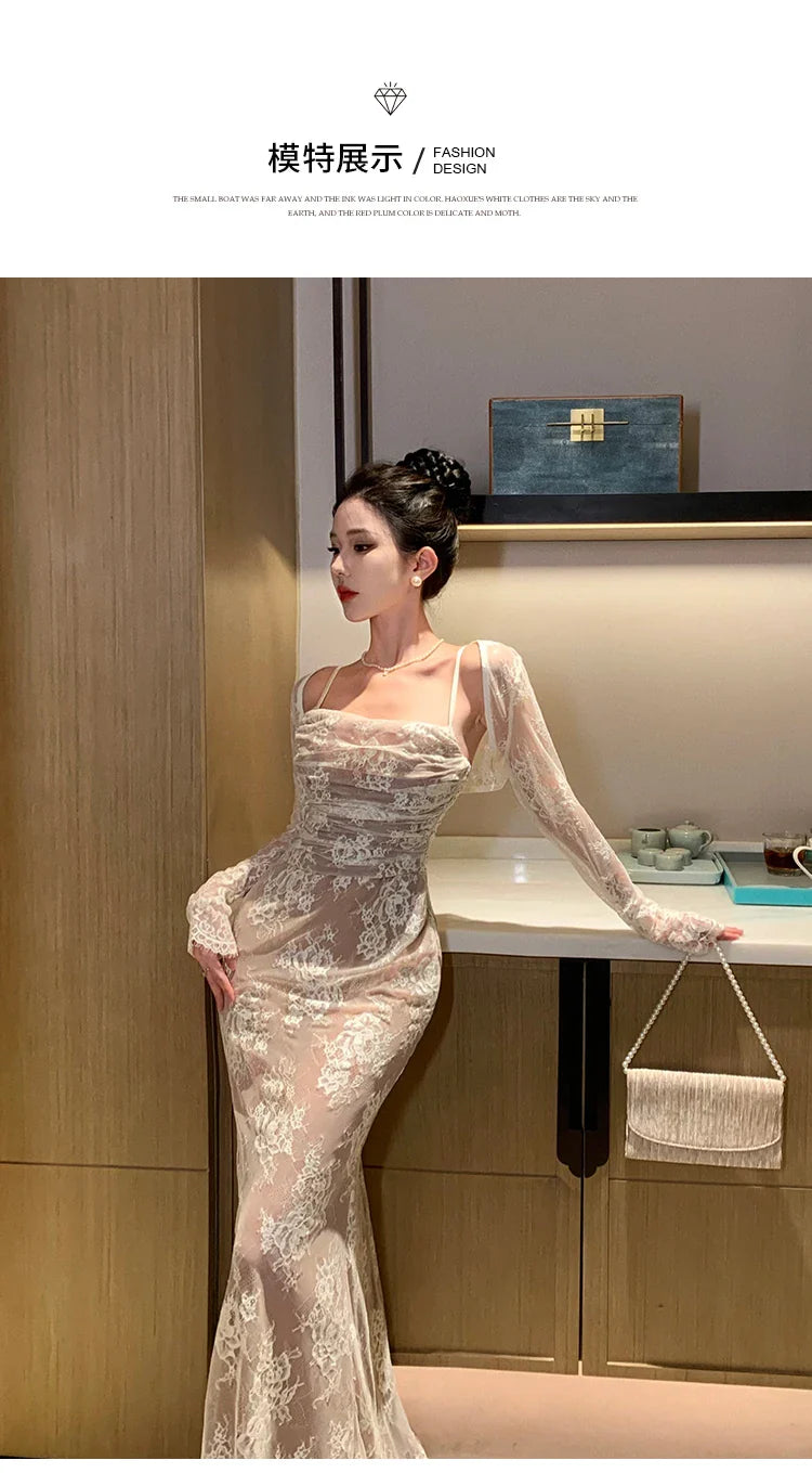 Elegant Mermaid Bandage Dress With White Lace For Wedding