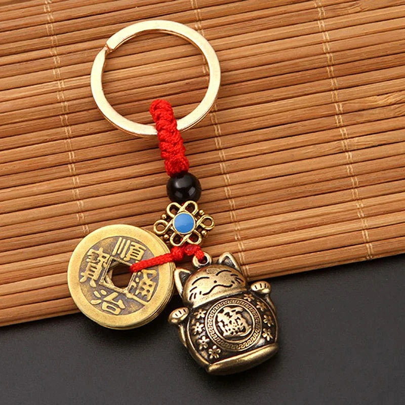 Vintage Handmade Lucky Cat Keychain with Feng Shui Coins and Beaded Design