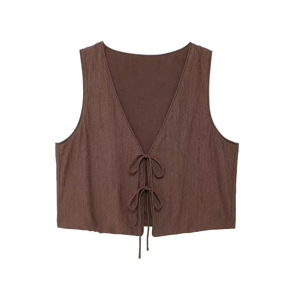 Summer Women's Elegant Solid Color Skirt Set Casual V-neck Bow Lace-Up Sleeveless Crop Vest Top with Loose Drawstring Midi Skirt