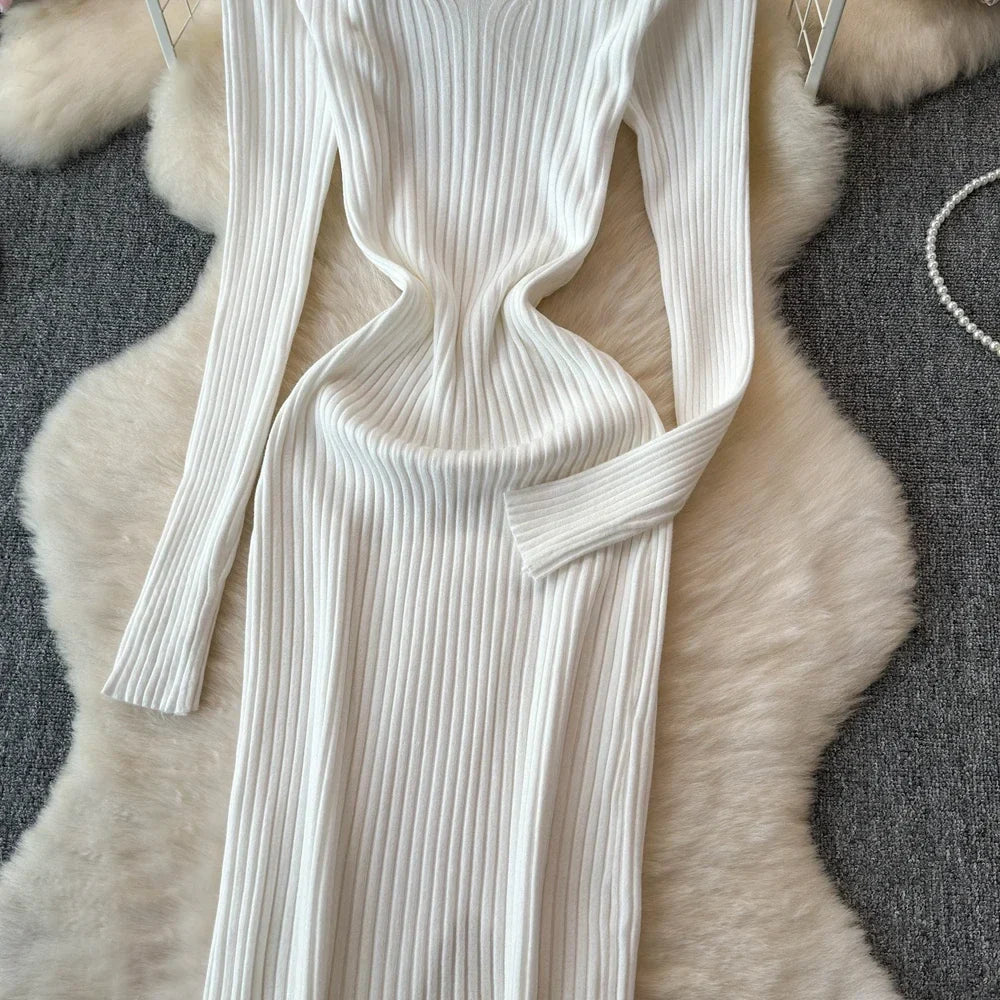 White Long Sleeve V Neck Lace Up Elegant Dress For Women