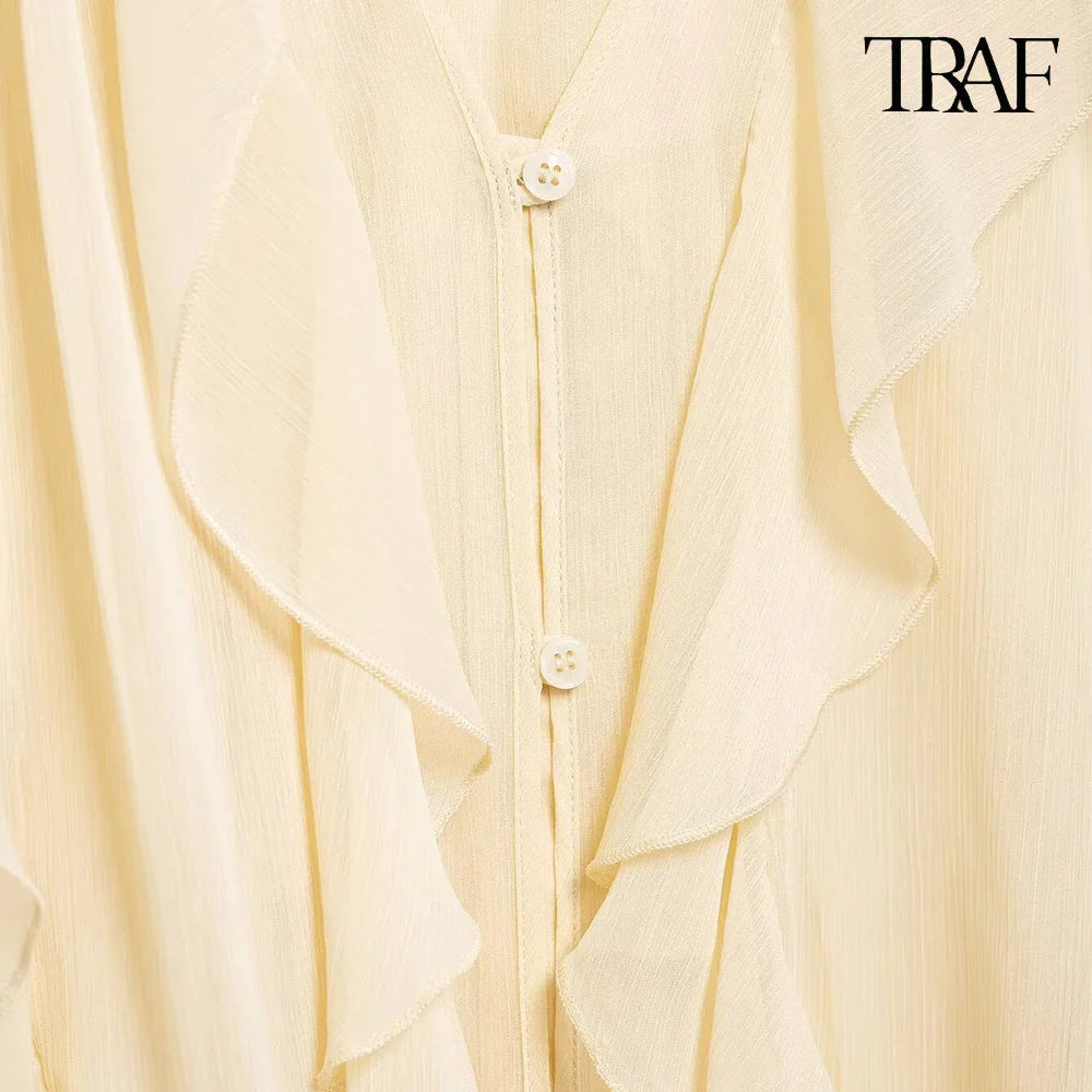 Elegant Solid Color Multi-Layered Ruffle V-Neck Sheer Long Sleeve Loose Blouse for Women